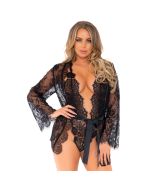 Floral Lace Body en Kimono - Zwart voorkant