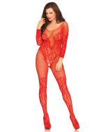 Vine Lace and Net Bodystocking - Rood