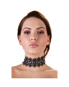 Geborduurde Halsband met Steentjes - Zwart model voorkant