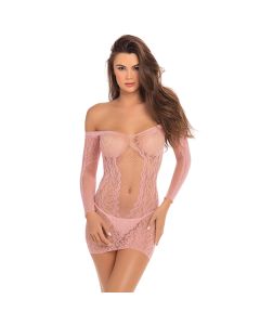 Demure Long Sleeve Bodystocking Jurkje - Roze voorkant