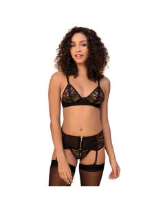 Bra, Garterbelt & G-String Black / Gold