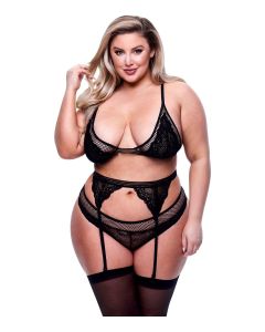 Queen Size 3-Delige Lingerie Set Kant & Mesh - Zwart