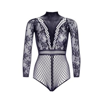 Kanten Body Stocking met Netstof - Zwart