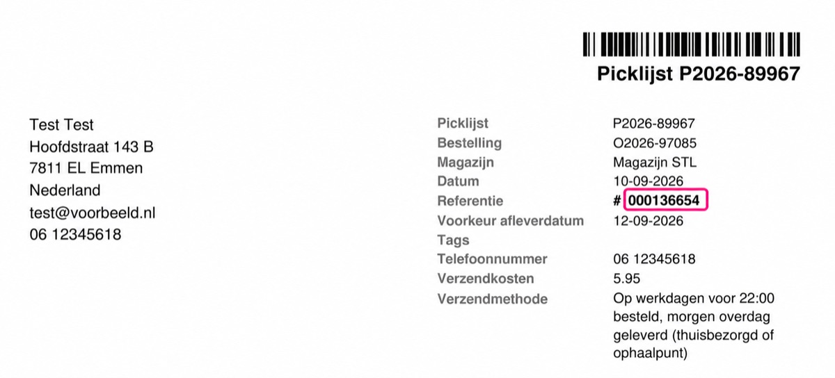 Voorbeeld van een pakbon met de referentie gemarkeerd